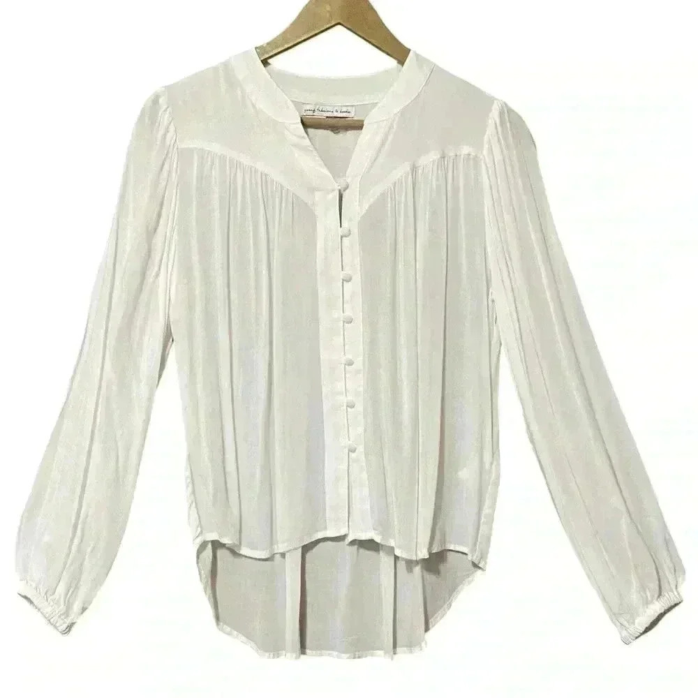 Young Fabulous & Broke White Sheer Pleated Hi Low Blouse XS Boho Balloon Sleeve